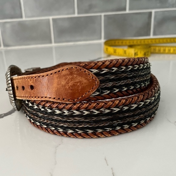 Genuine Leather Western Braided Woven Belt Silvertone Hardware Cowboy Rodeo - Picture 4 of 13
